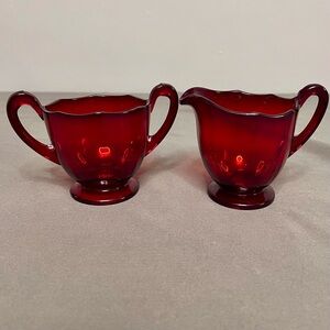 VTG Ruby Red Depression Glass Sugar & Creamer Set W/ Waved Rims